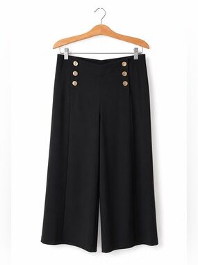 LOFT Black Sailor Cropped Wide Leg Pants Gold Button Size 12 Preppy Business